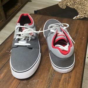 DC shoes. Two tone grey with red accents.